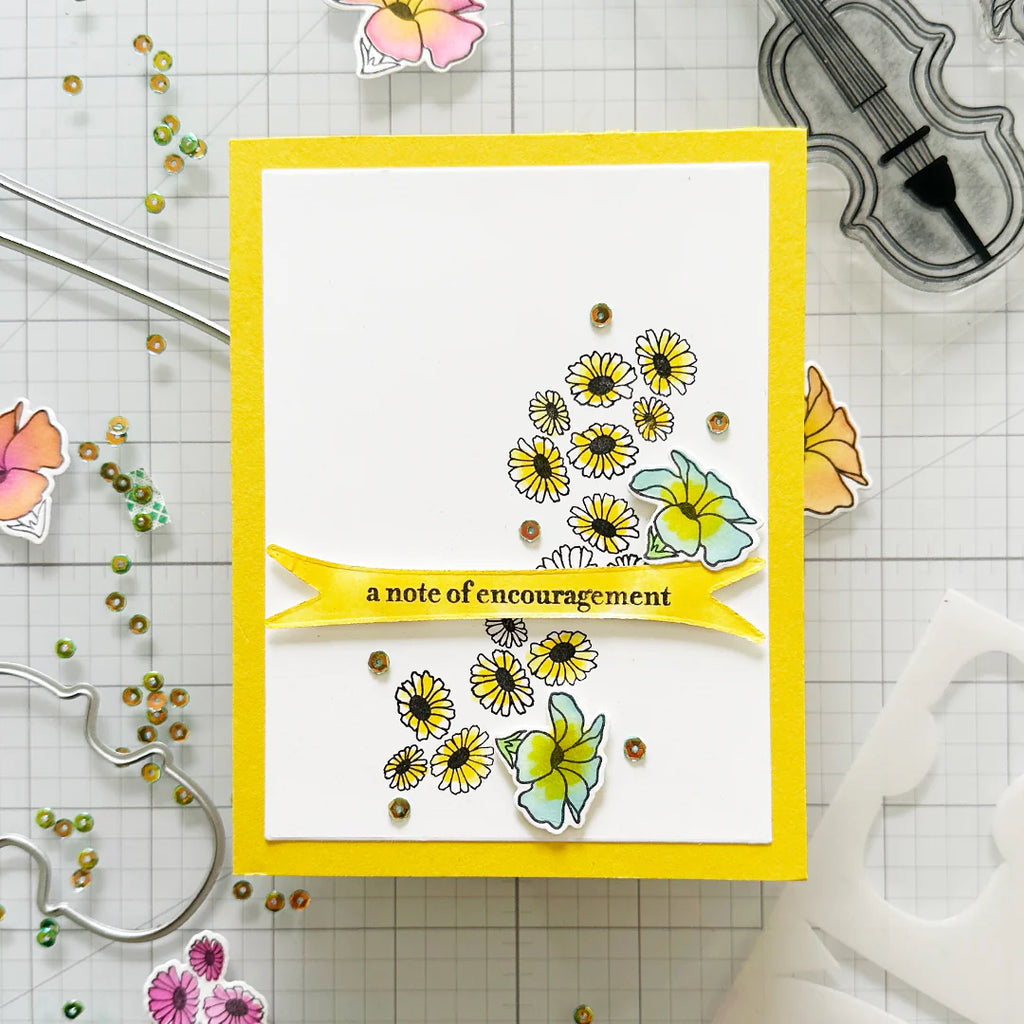 Gina K Designs Note of Encouragement Stamps and Dies lhdie0541 a note of encouragement with flowers yellow 