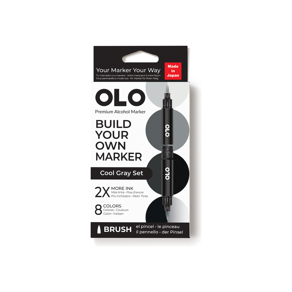OLO Cool Gray Brush 8 Piece Marker Set box
