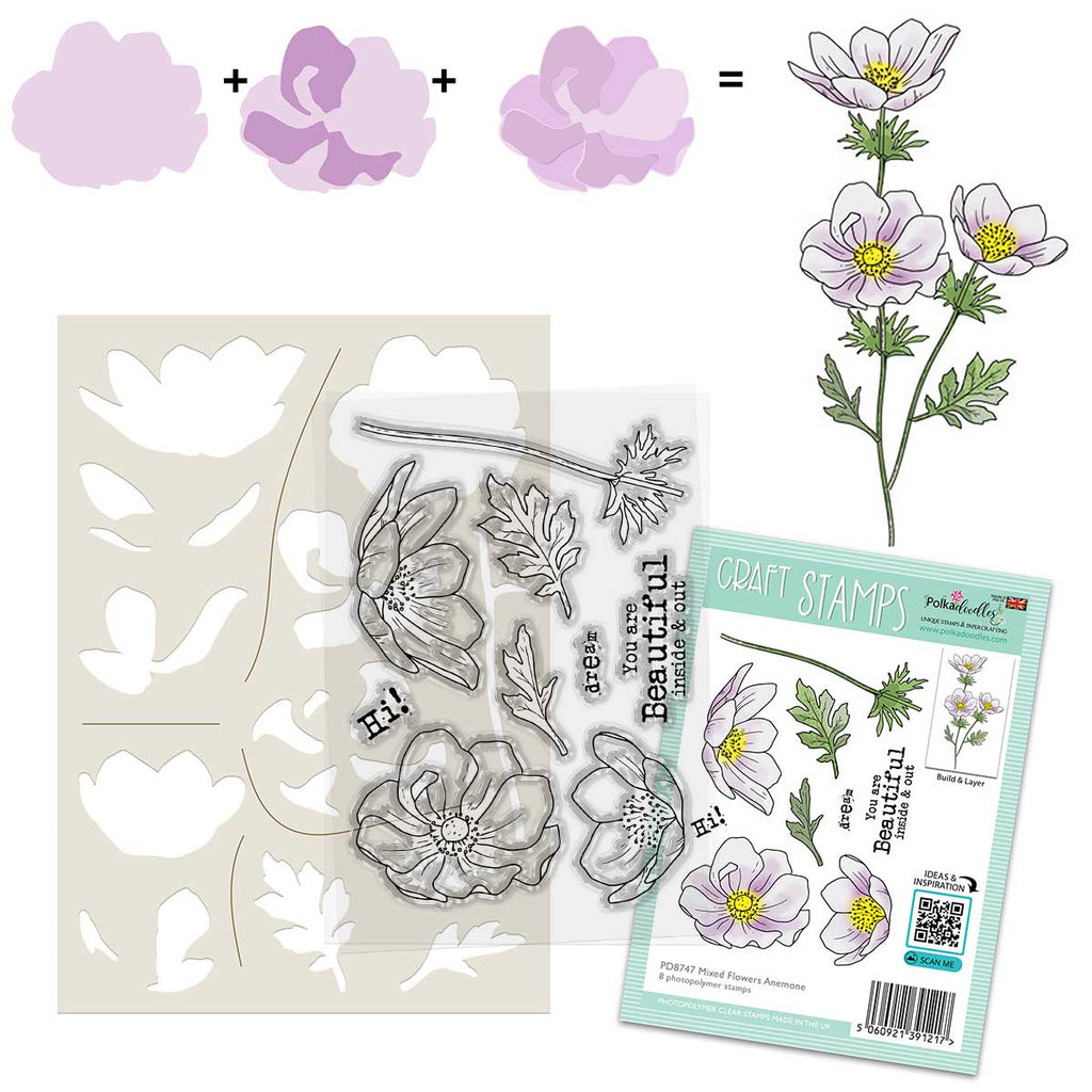 Polkadoodles Beautiful Anemone Clear Stamps pd8747 with stencil