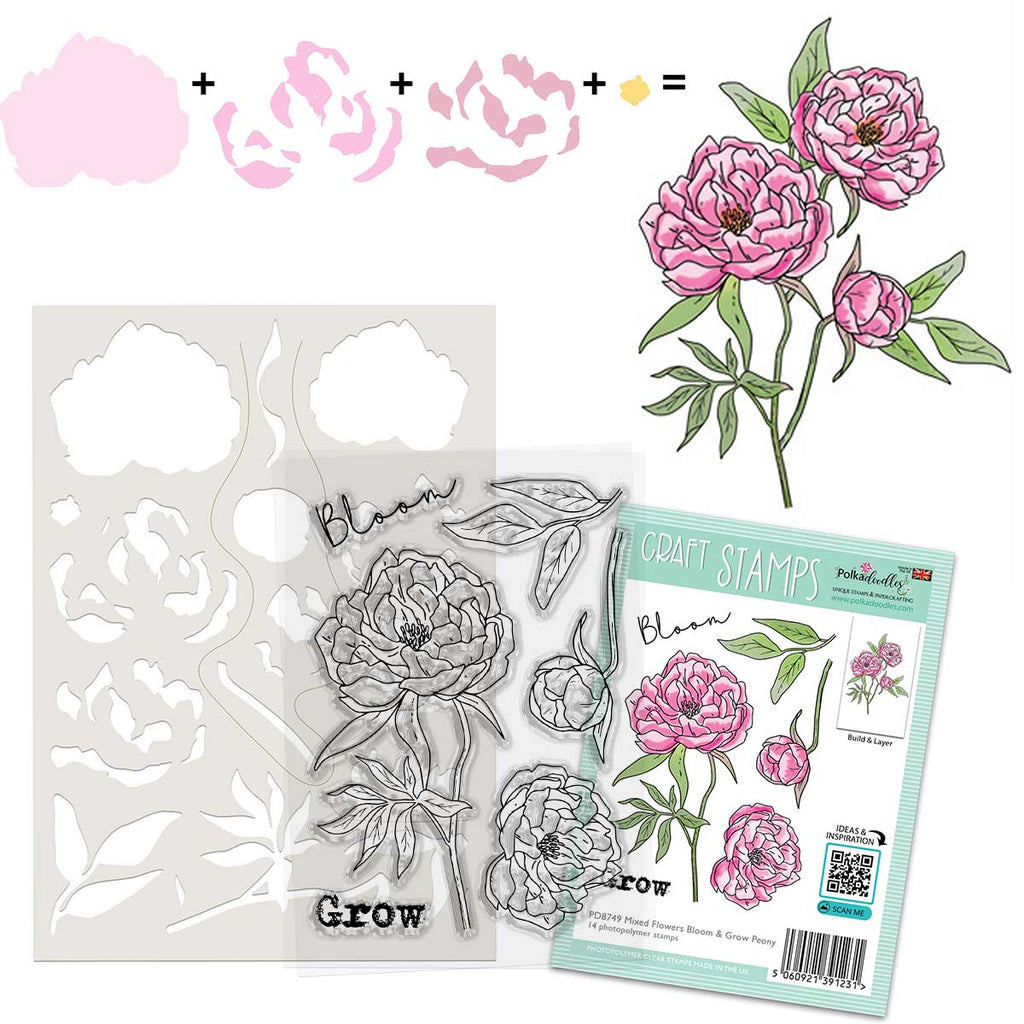 Polkadoodles Peony Bloom & Grow Clear Stamps pd8749 with stencil