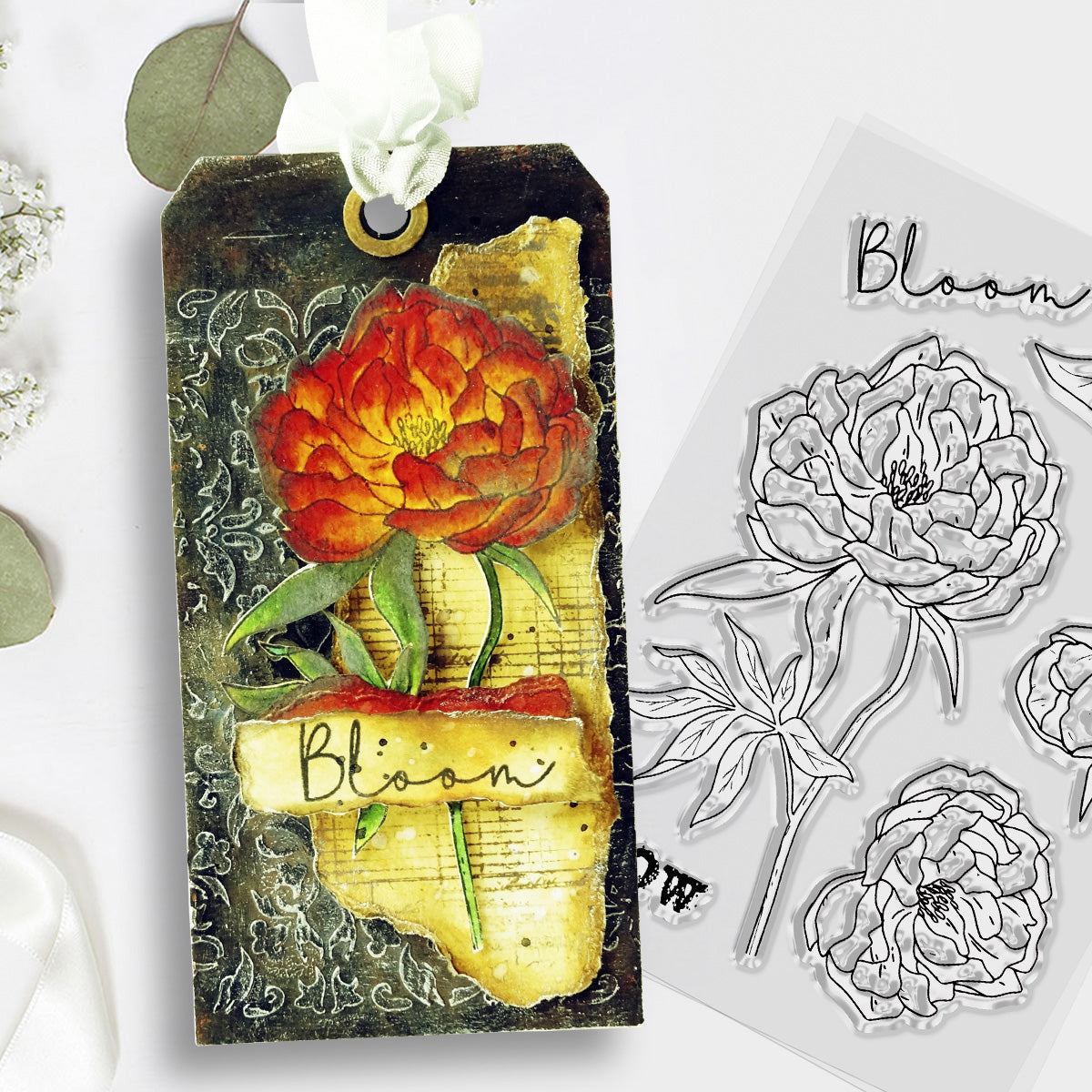 Polkadoodles Peony Bloom & Grow Clear Stamps pd8749 flower tag