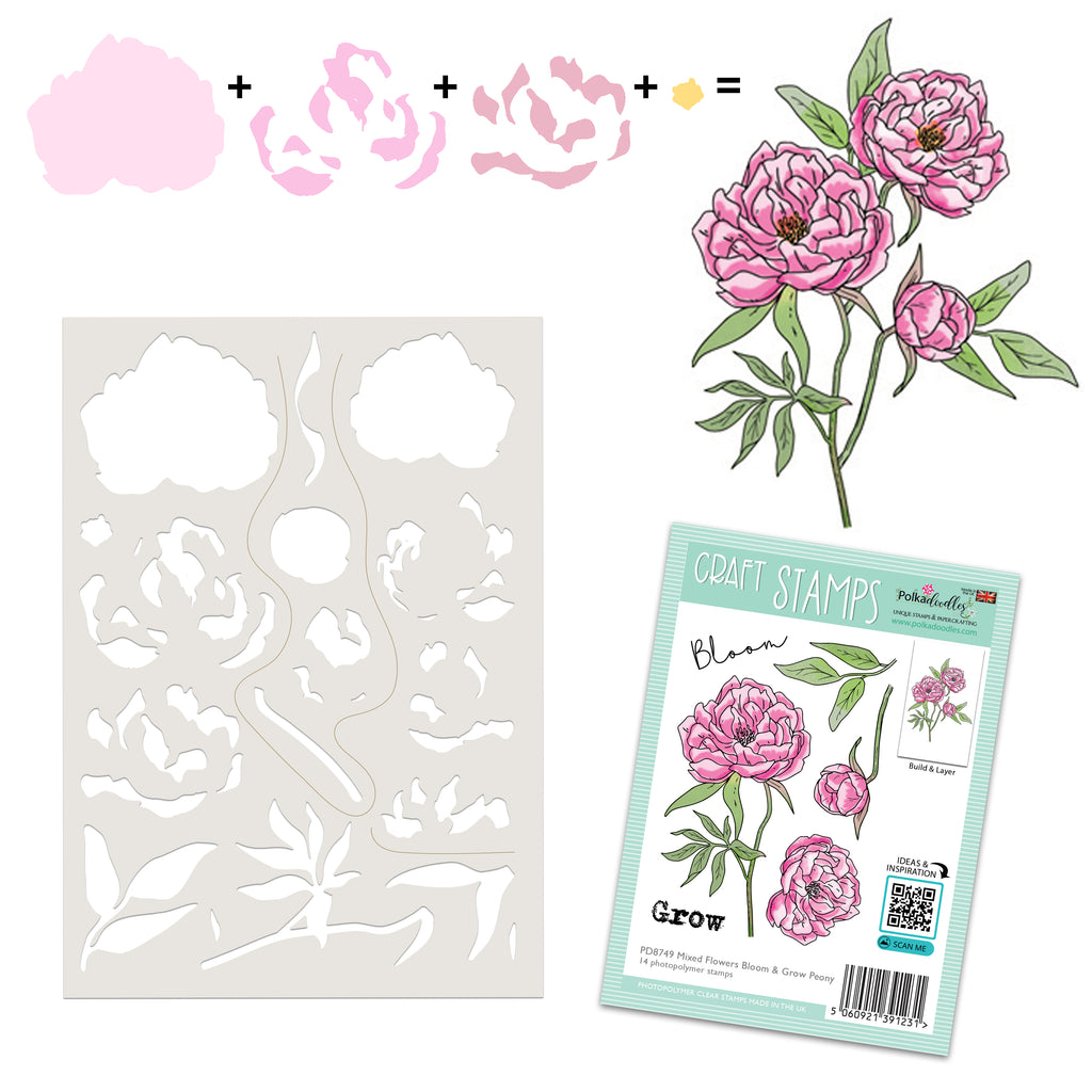 Polkadoodles Peony Bloom and Grow Flowers Color & Create Stencil pd8756-1