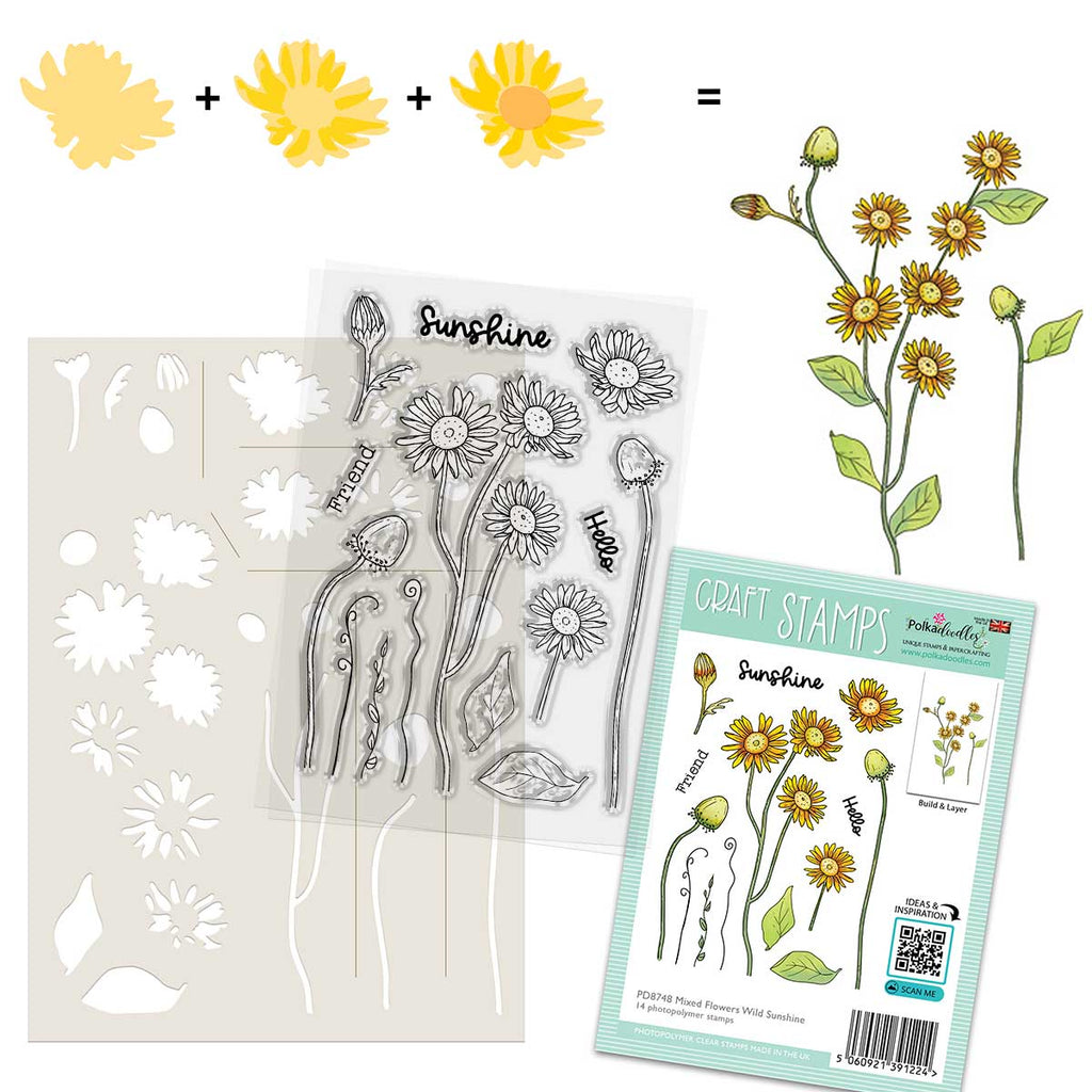 Polkadoodles Peony Bloom and Grow Flowers Color & Create Stencil pd8756-1 with stamp