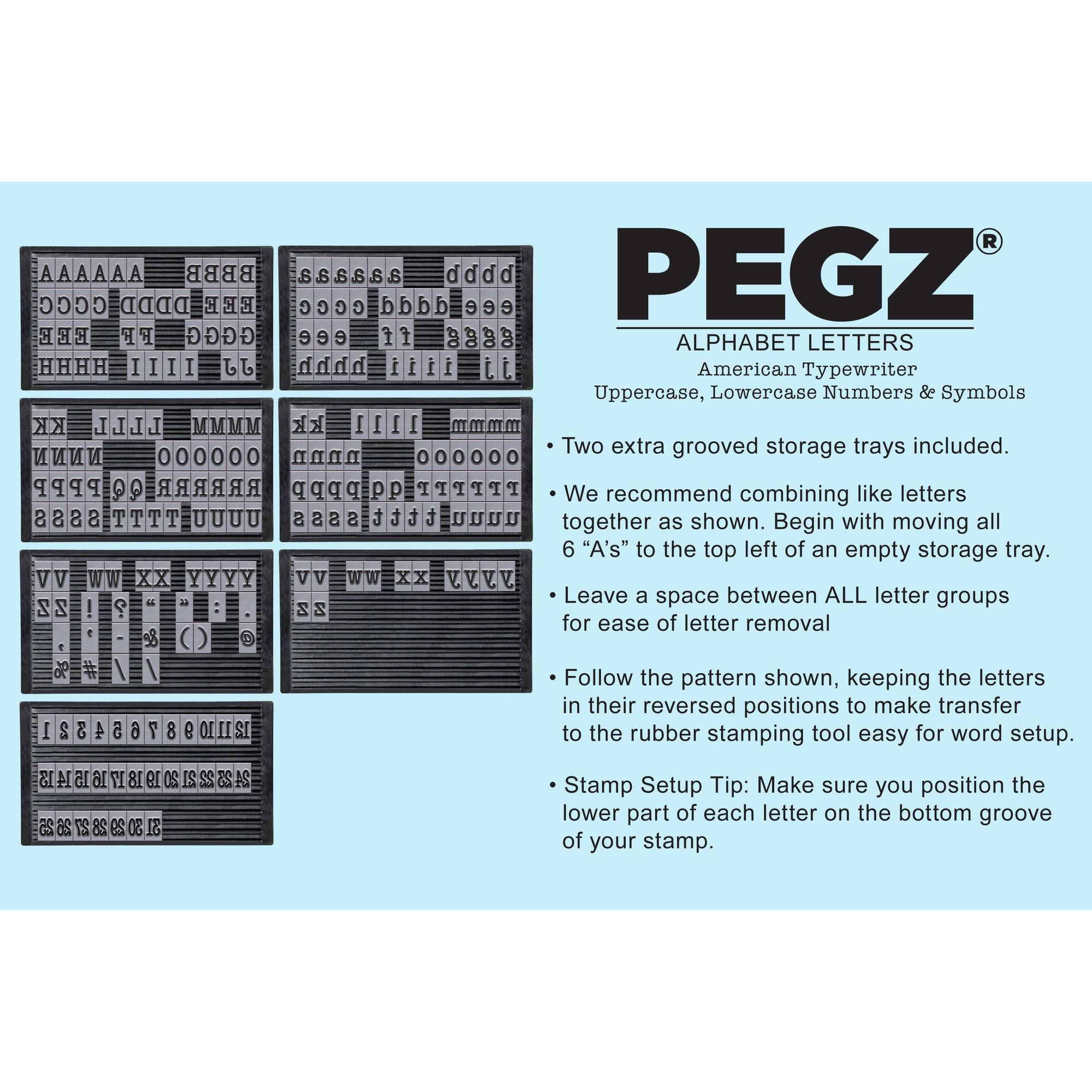 PEGZ V2 American Typewriter Font Connectable Alphabet Stamp Trays cu-v265753 Info Sheet