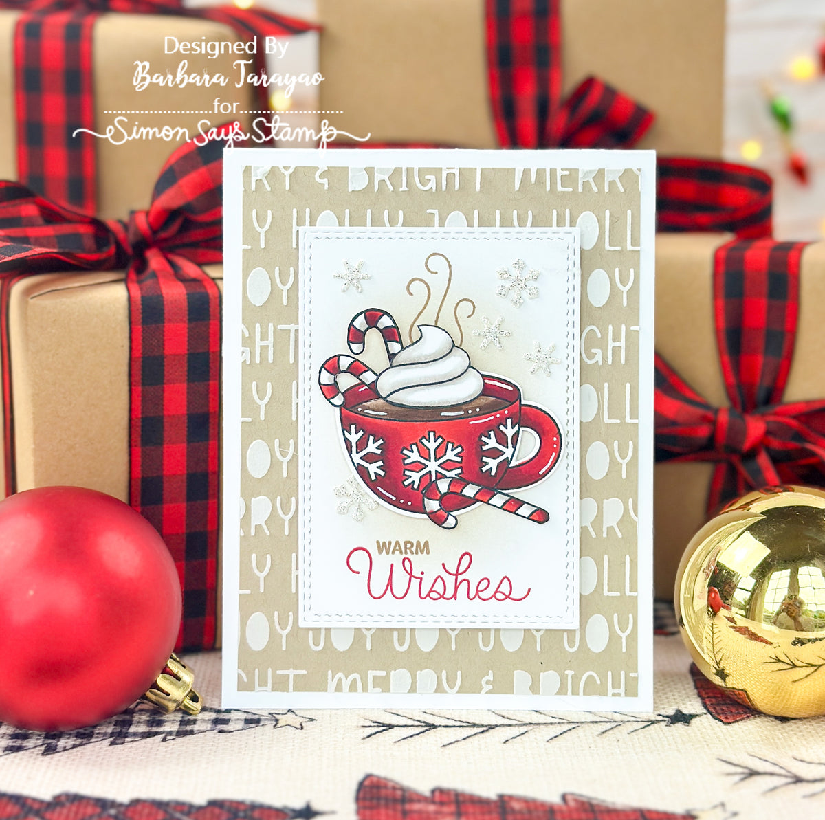 Pretty Pink Posh Warm Heart STAMPtember Exclusive Barbara Tarayao Warm Wishes hot cocoa card with candy canes and kraft background