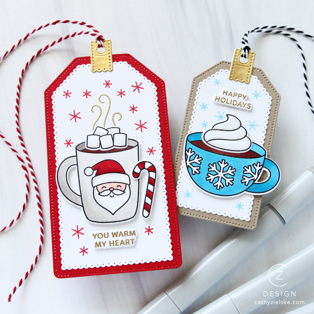 Pretty Pink Posh Warm Heart STAMPtember Exclusive Cathy Zielske CZ Designs tags with two cups of cocoa and the sentiments happy holidays and you warm my heart