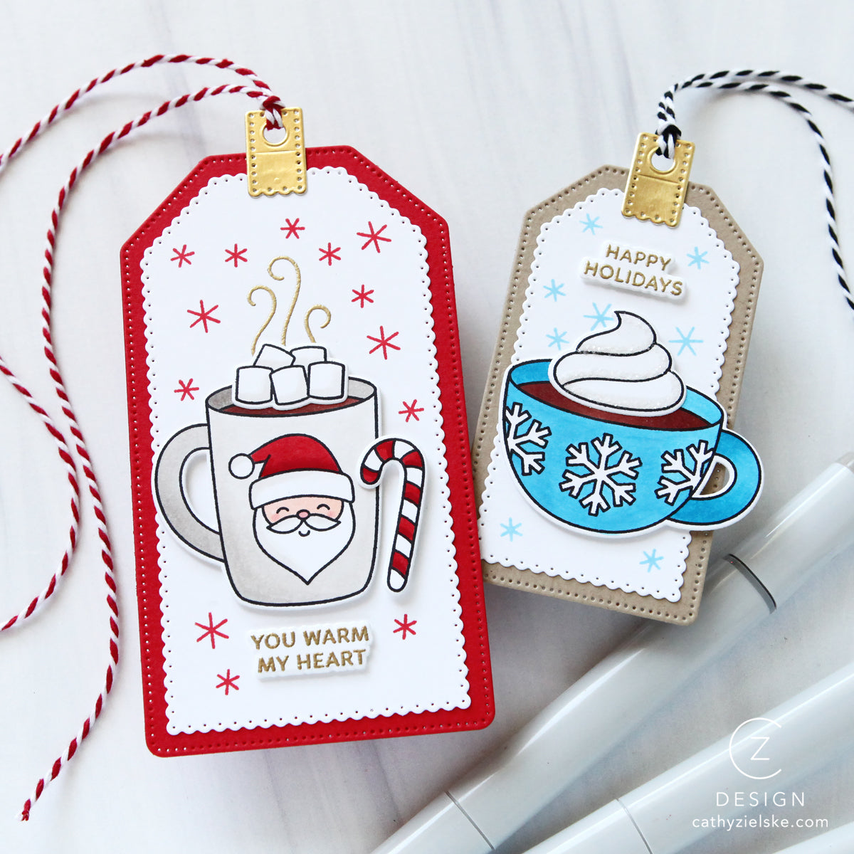 Pretty Pink Posh Warm Heart STAMPtember Exclusive Cathy Zielske CZ Designs tags with two cups of cocoa and the sentiments happy holidays and you warm my heart