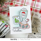 Pretty Pink Posh Warm Heart STAMPtember Exclusive Dana Kirby card with three cups of cocoa and the sentiment warmest wishes. Each cup has a different character on the front