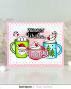 Pretty Pink Posh Warm Heart STAMPtember Exclusive Card from Hanh Nguyen with a pink base and containing the sentiment warmest wishes. Three cups of cocoa are the card in varying colors