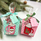 Pretty Pink Posh Warm Heart STAMPtember Exclusive small gift containers with images of hot chocolate on the front. Tags are attached the gift with the sentiment warmest wishes.