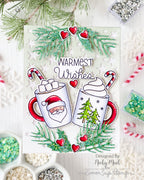 Pretty Pink Posh Warm Heart STAMPtember Exclusive Card from Nicky Meek with a die cut stars background and two cups of cocoa in the center. Warmest Wishes sentiment s above the cups of cocoa