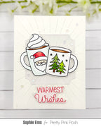 Pretty Pink Posh Warm Heart STAMPtember Exclusive Card from Sophie Ems with two white cups in the center of the card. The sentiment warmest wishes is at the bottom of the card.