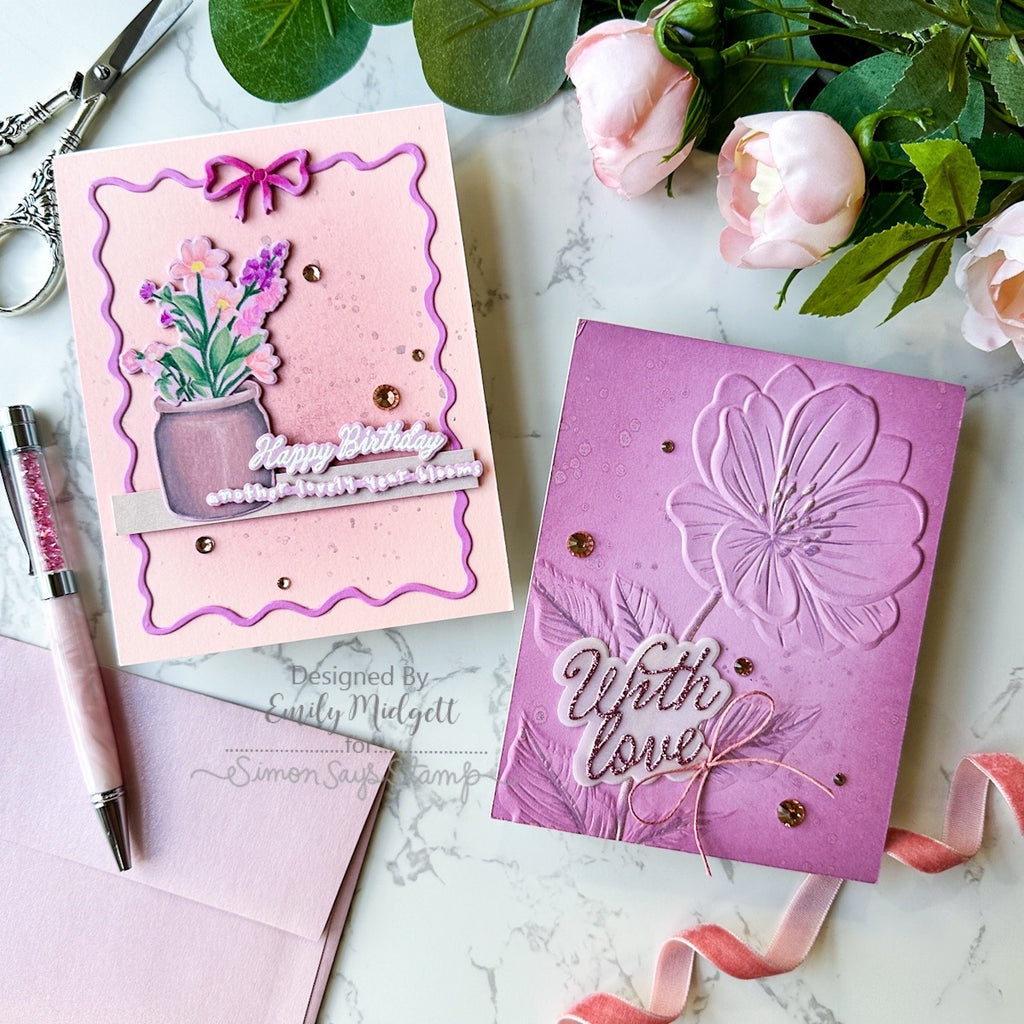 PREORDER Simon Says Stamp Card Kit of the Month August 2026 Made to Flourish ck0826 Emily Midgett Pink Floral Card Duo 