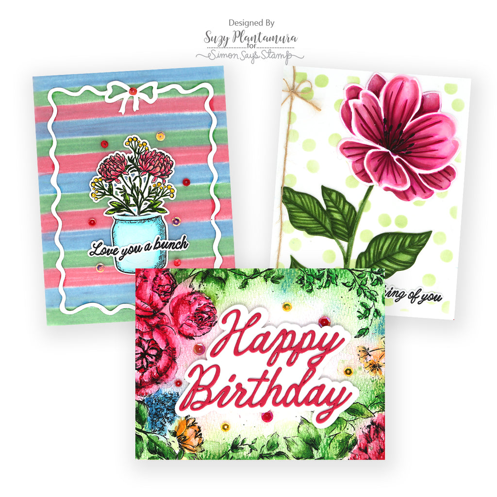 PREORDER Simon Says Stamp Card Kit of the Month August 2026 Made to Flourish ck0826 Suzy Plantamura Trio of Flower Cards