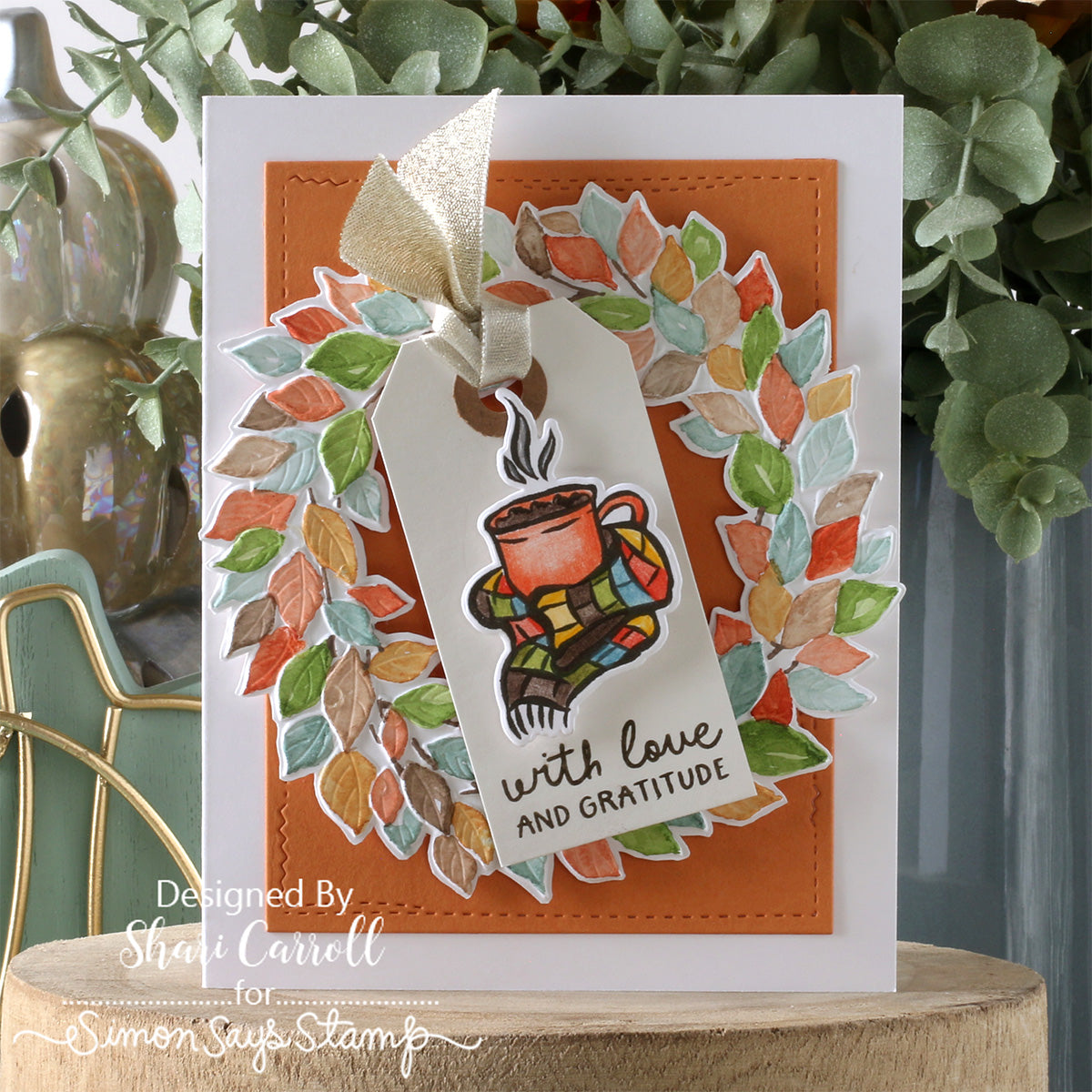 PREORDER Simon Says Stamp Card Kit of the Month October 2026 Homespun Gratitude ck1026 Love and Gratitude Card with Wreath Shari Carroll