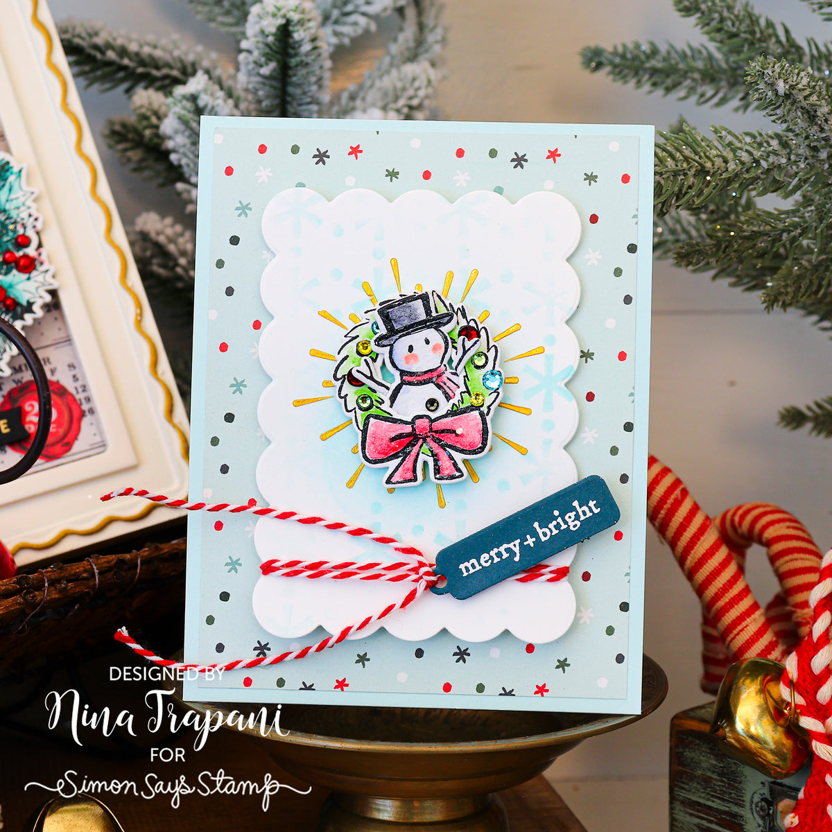 PREORDER Tim Holtz Christmas Doodles Stamps with Simon Says Stamp Dies Bundle setcd26 Nina-Marie Trapani Merry + Bright Snowman Card