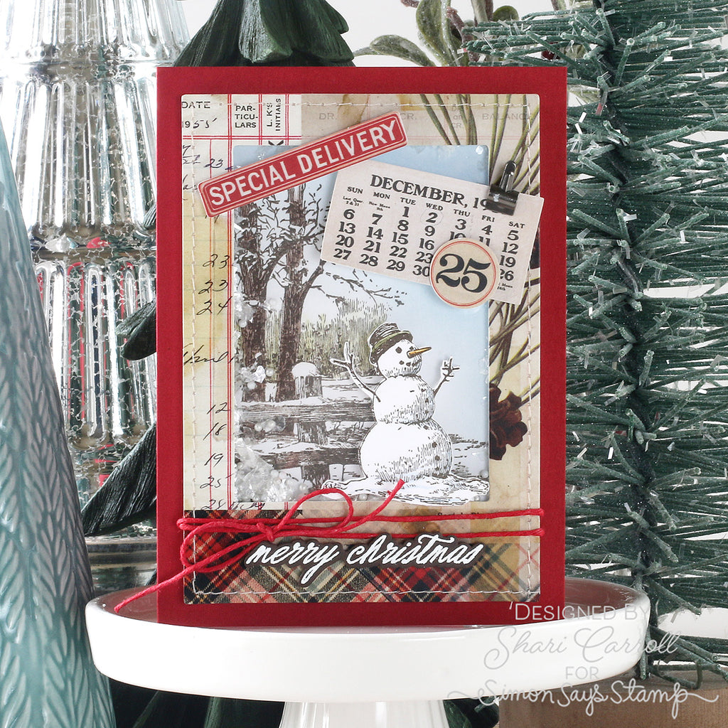 PREORDER Tim Holtz Christmas Spirit Stamps with Simon Says Stamp Dies Bundle setsp26 Shari Carroll Vintage Holiday Collage Card