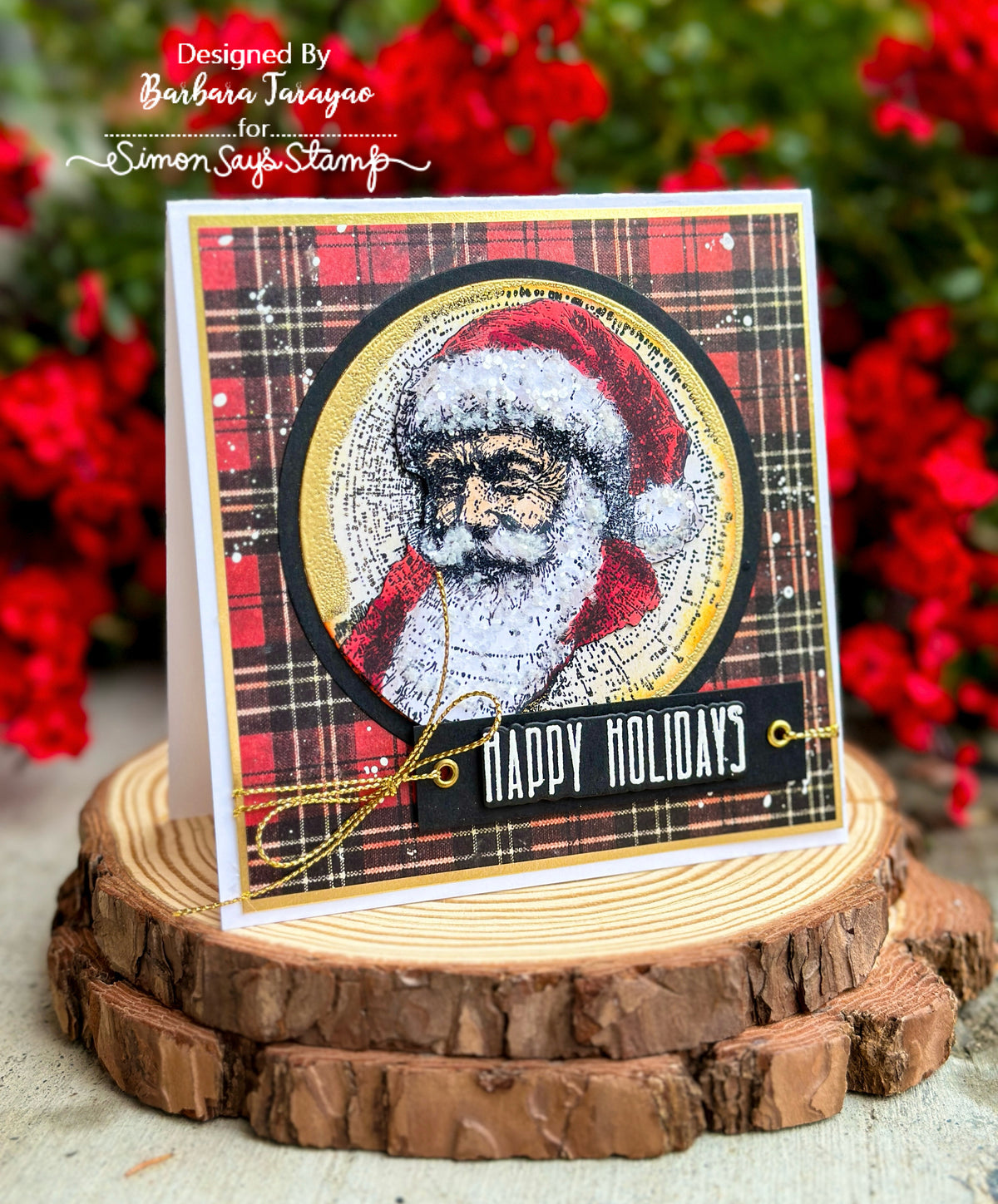 PREORDER Tim Holtz Festive Schematic Stamps with Simon Says Stamp Dies Bundle setfs26 Barbara Tarayao Vintage St. Nick on Plaid Holiday Card