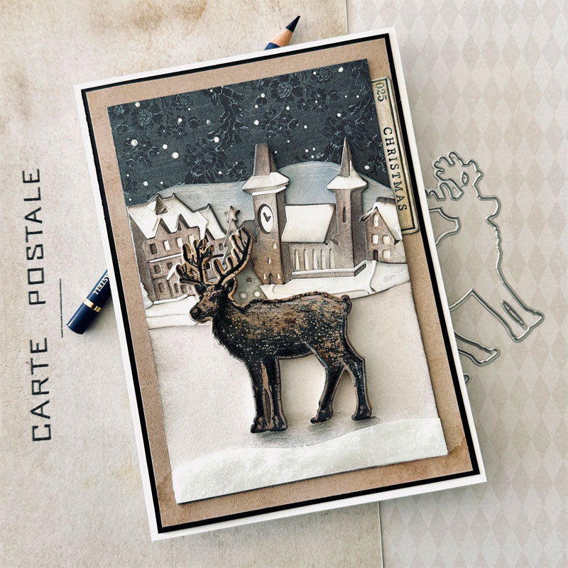 PREORDER Tim Holtz Festive Schematic Stamps with Simon Says Stamp Dies Bundle setfs26 Renée Bergeron Deer in the Town Square Holiday Card