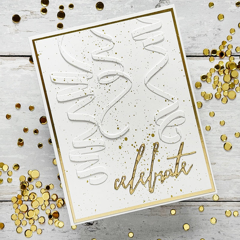 PREORDER Tim Holtz Sizzix Celebration Streamers Thinlits Die Set 667209 gold trim celebrate card