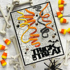 PREORDER Tim Holtz Sizzix Celebration Streamers Thinlits Die Set 667209 spiderweb background bat trick or treat card