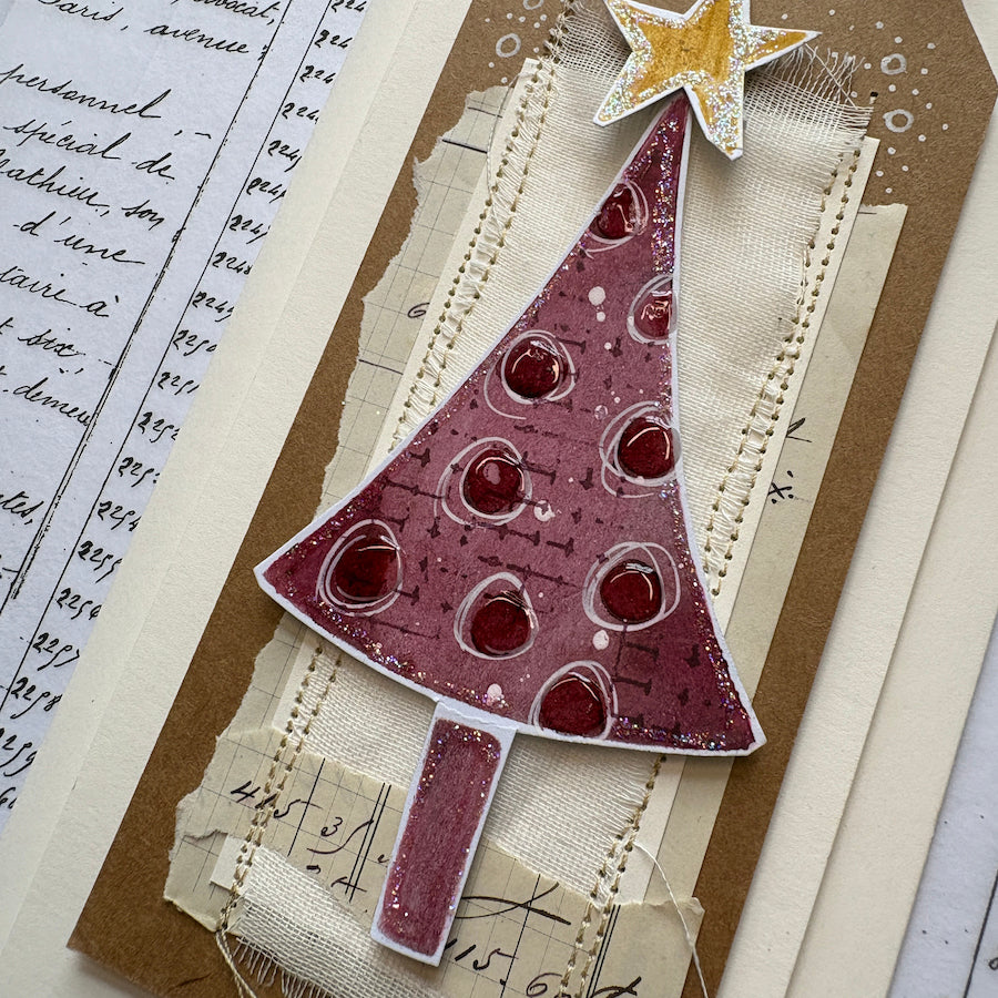 PaperArtsy Kate Crane Stencil ps532 purple tree gold sparkle star card
