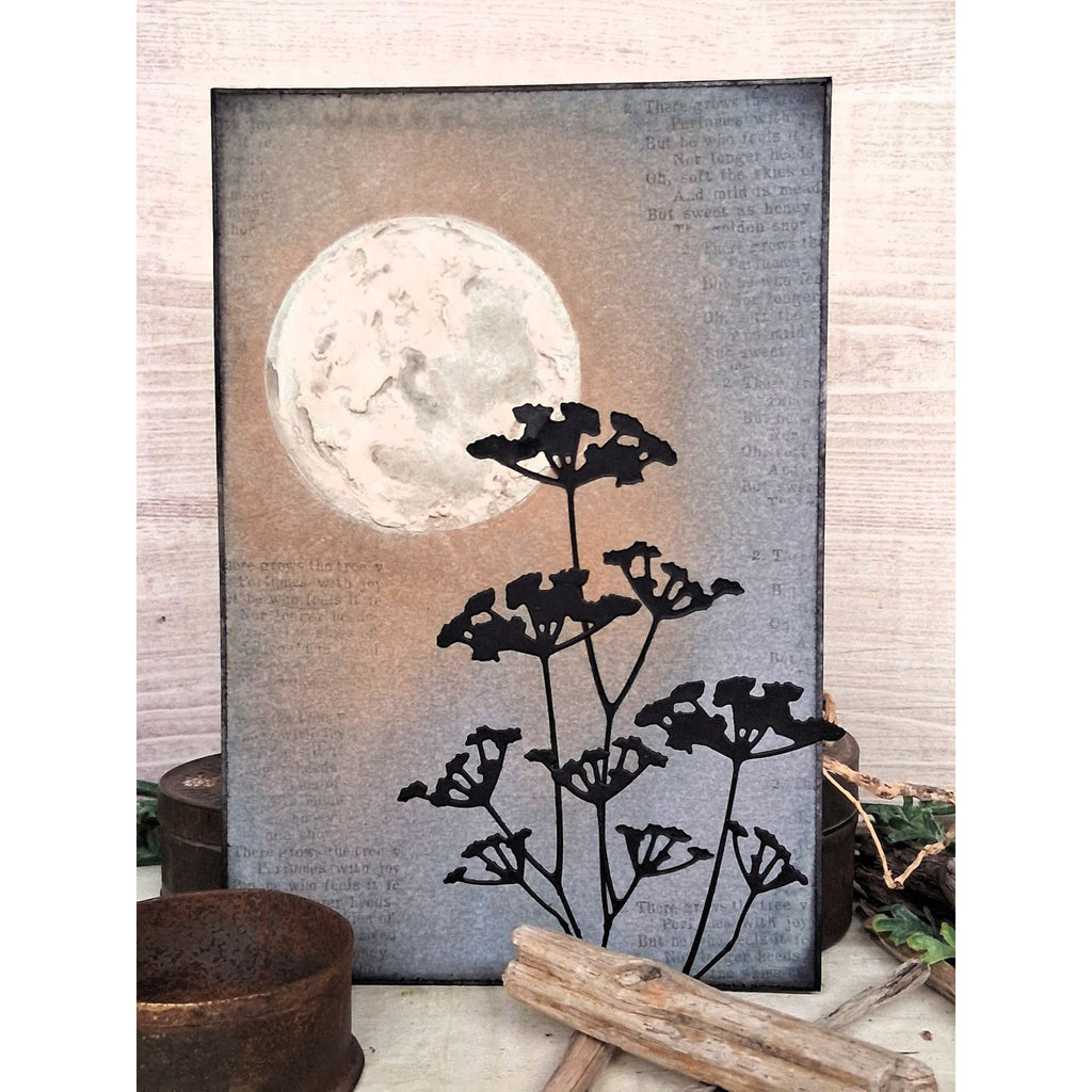 PaperArtsy Mags Woodcock Stencil ps537 full moon black flowers with stems card