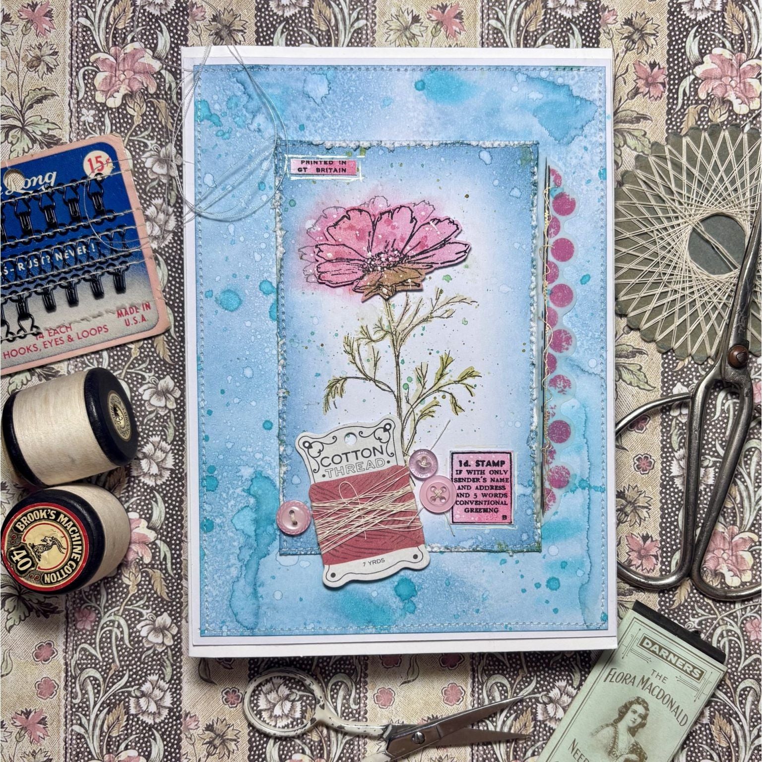 PaperArtsy Alison Bomber Cosmos Edition Cling Stamps ab051 pink flower sewing thread buttons card | color-code:ALT01