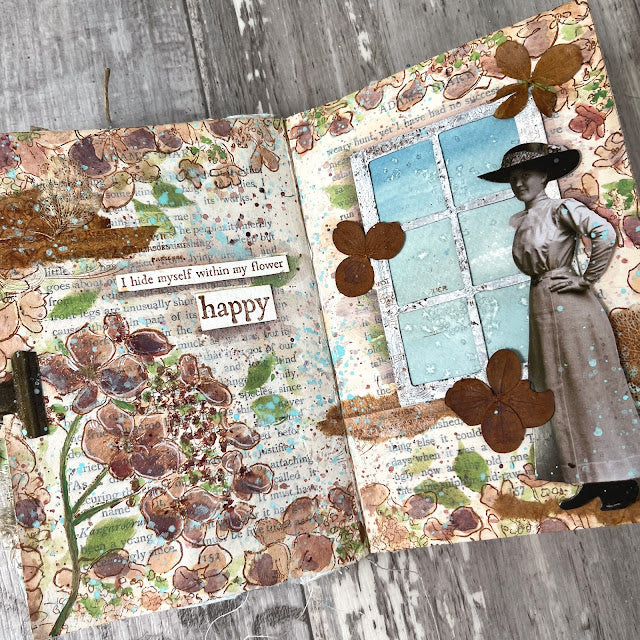 PaperArtsy Alison Bomber Hydrangea Edition Cling Stamps ab057 woman in hat brown flowers window happy card
