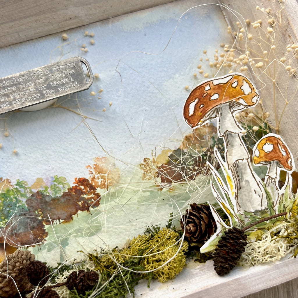 PaperArtsy Alison Bomber Mini Cling Stamp abm013 orange mushrooms moss pine cones tree field box 