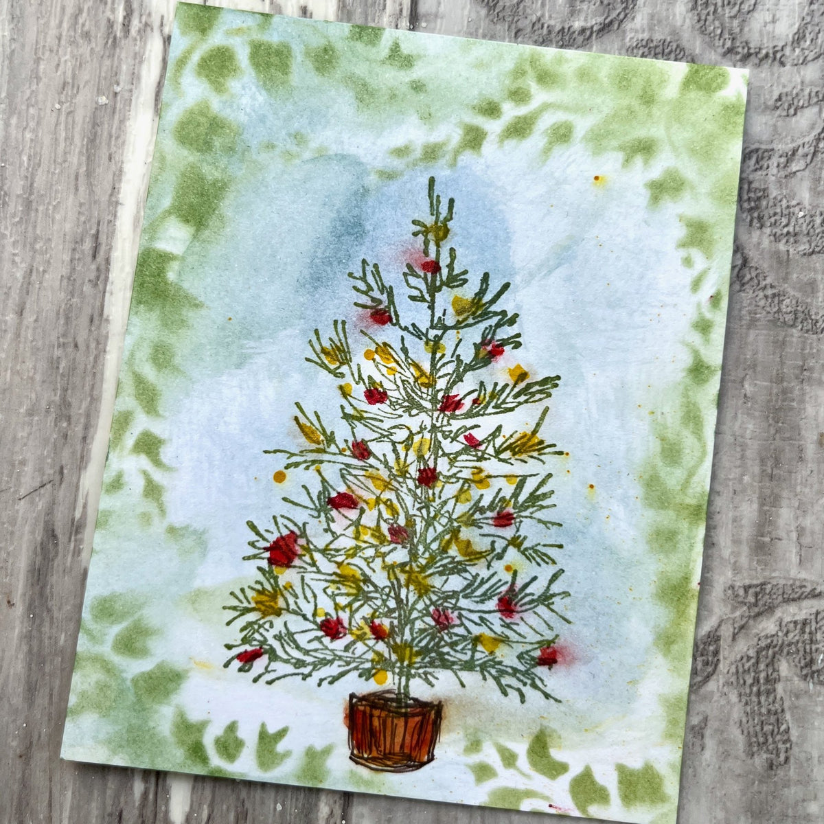 PaperArtsy Alison Bomber Mini Cling Stamp abm016 green tree with red and yellow ornaments card