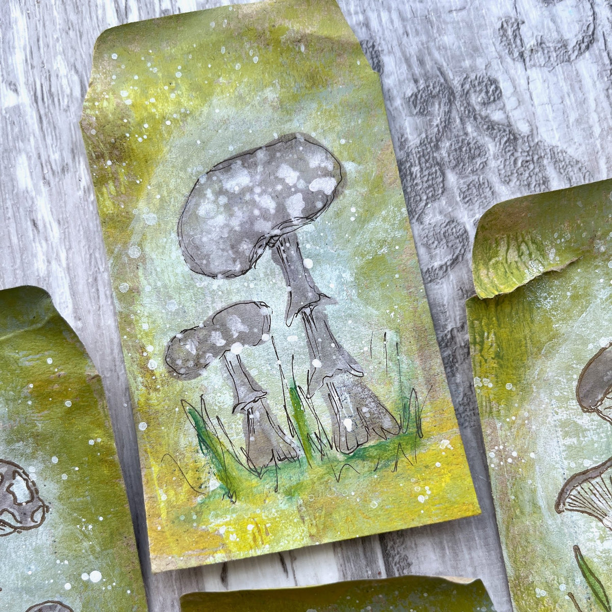 PaperArtsy Alison Bomber Mini Stencil pm038 grass mushrooms green white splatter tag card