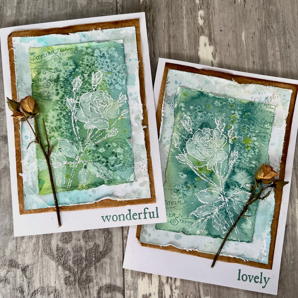 PaperArtsy Alison Bomber Rose Edition Cling Stamps ab059 green backgrounf white flower outline wonderful lovely card