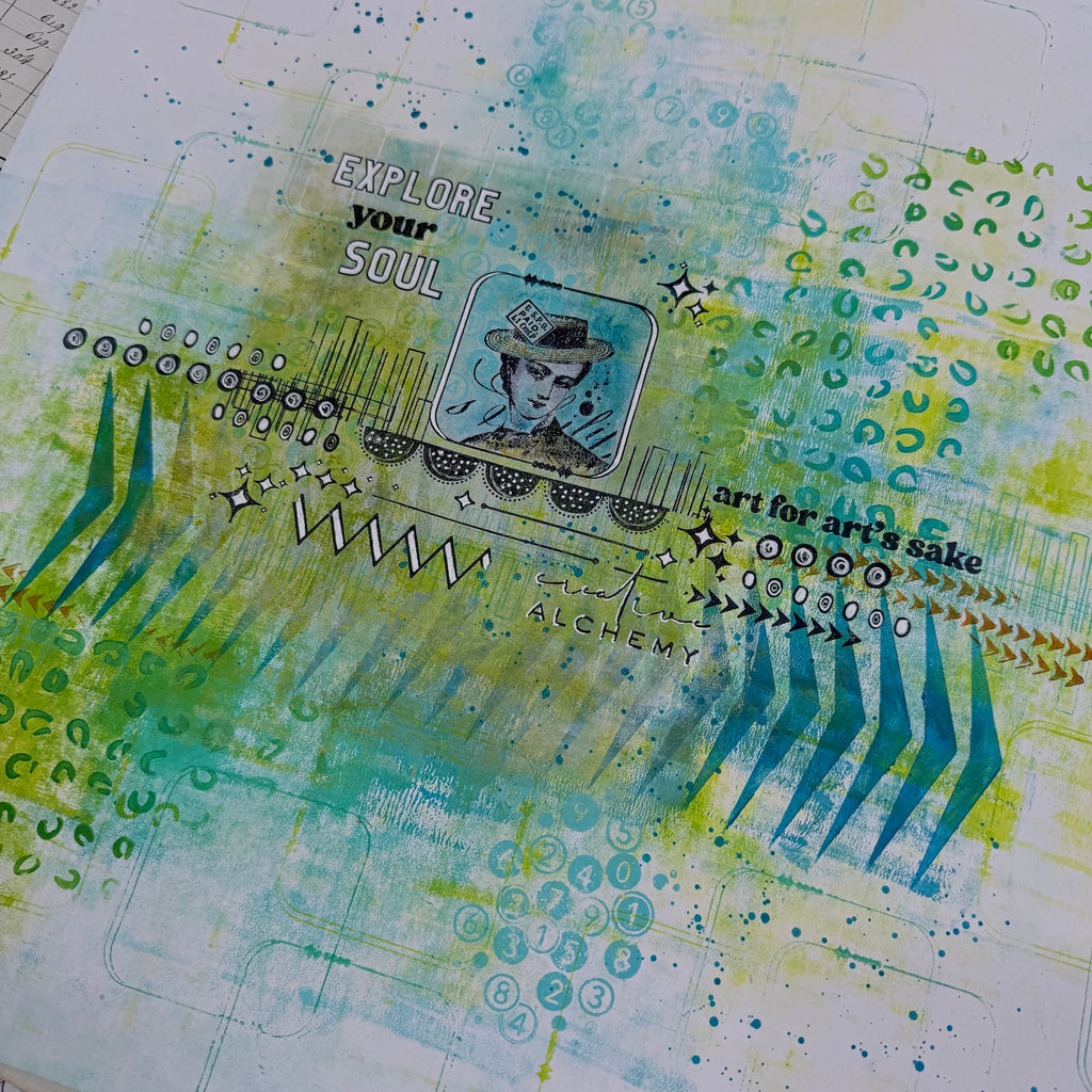 PaperArtsy Designer Collection 6 Cling Stamps epa06 woman wearing hat green and blue background arrows numbers explore your soul card