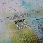 PaperArtsy Designer Collection Stencil ps540 numbers green and blue tie dye background explore your soul card