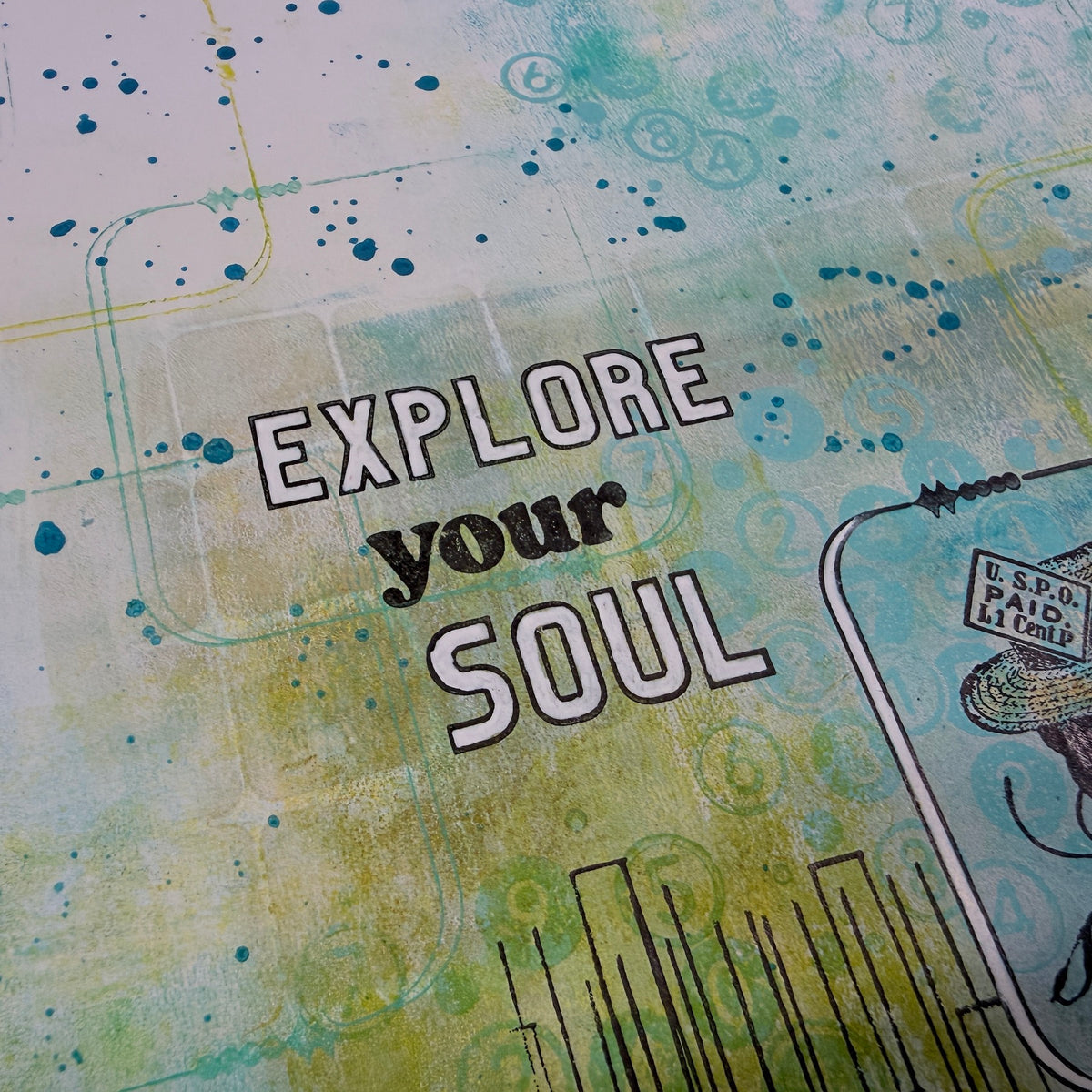 PaperArtsy Designer Collection Stencil ps540 numbers green and blue tie dye background explore your soul card