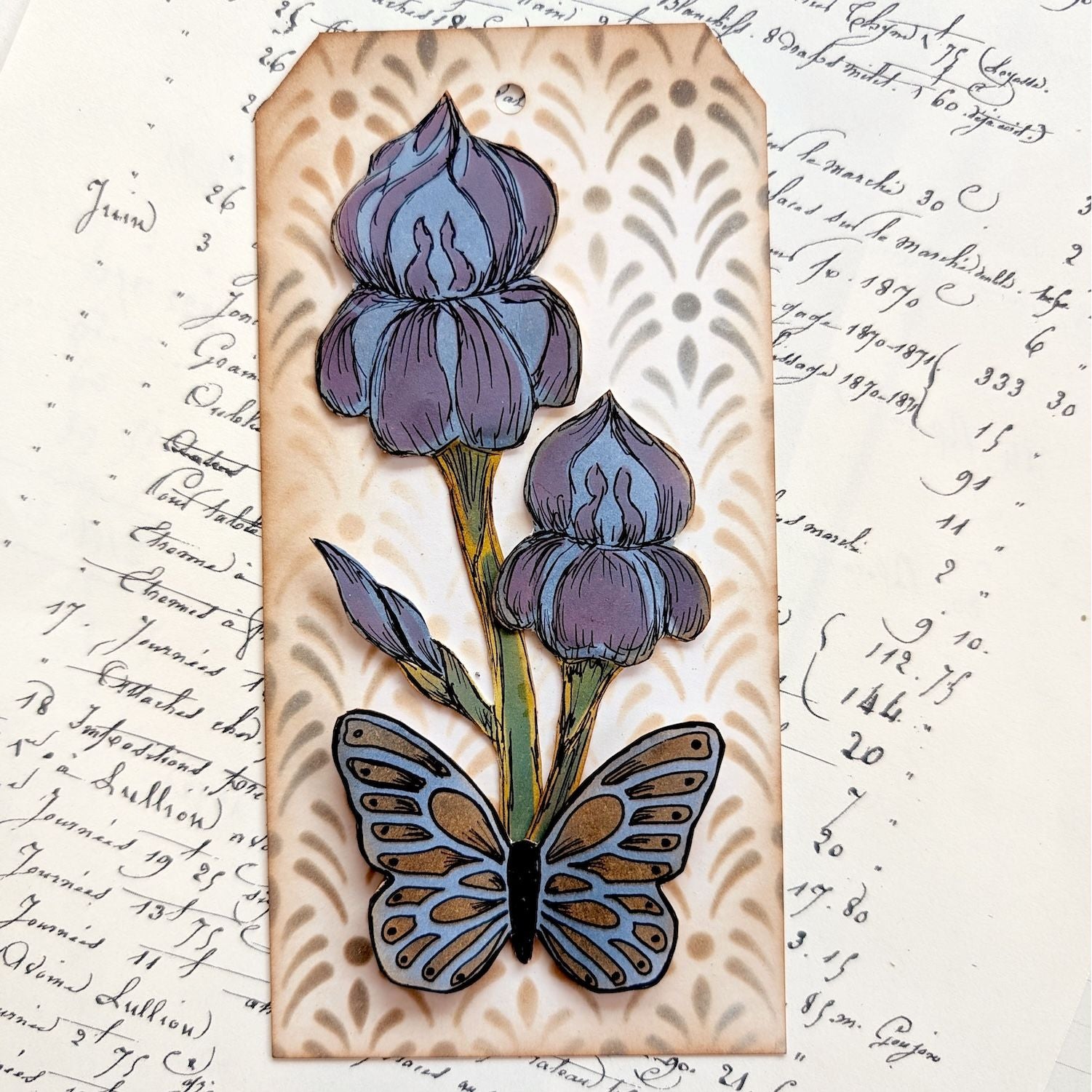 PaperArtsy Eclectica3 Scrapcosy Large Stencil ps527 flower and butterfly tag