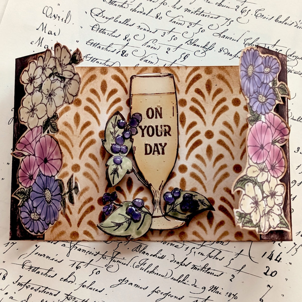 PaperArtsy Eclectica3 Scrapcosy Large Stencil ps529 on your day champagne floral card
