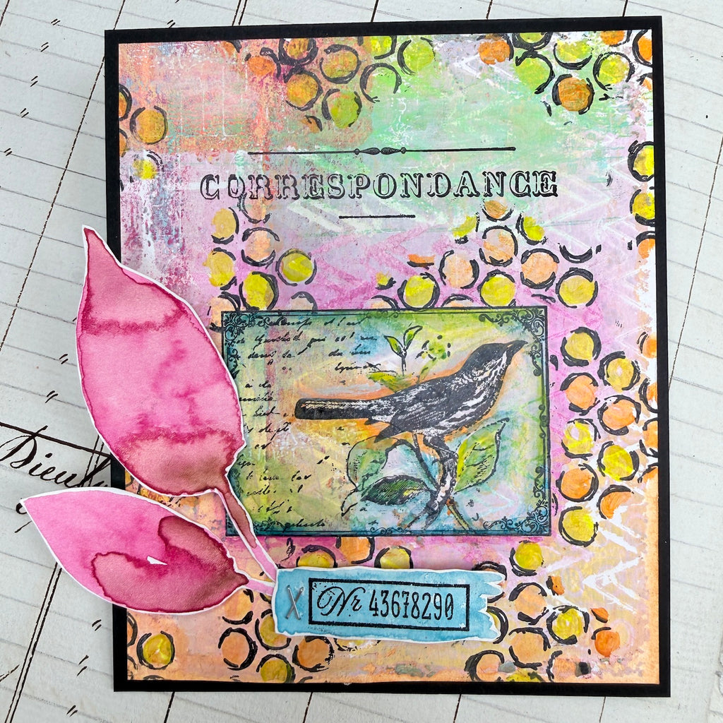 PaperArtsy Hot Pick 2606 Cling Stamps hp2606 bird on branch green leaves pink leaves yellow and orange circle dots correspondence card