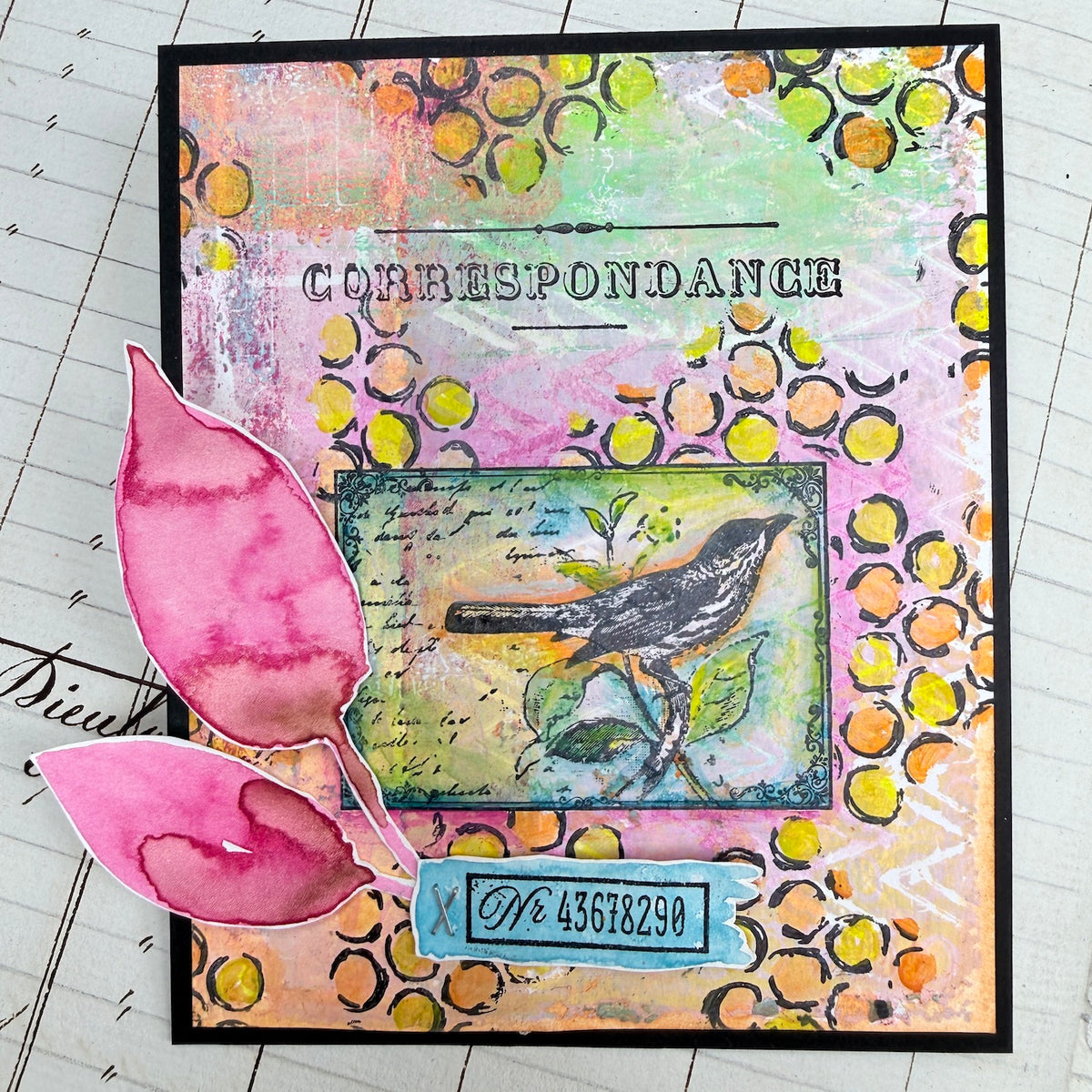 PaperArtsy Hot Pick 2606 Cling Stamps hp2606 bird on branch green leaves pink leaves yellow and orange circle dots correspondence card