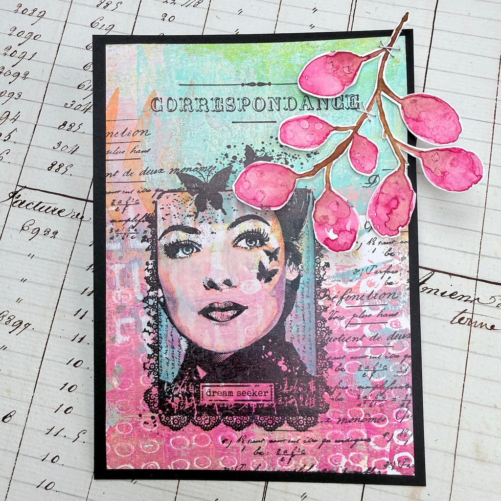 PaperArtsy Hot Pick 2606 Cling Stamps hp2606 lady with butterflies stem of berries dream seeker card