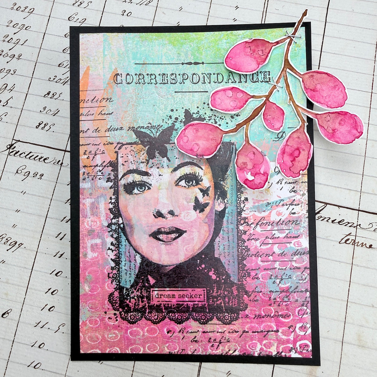 PaperArtsy Hot Pick 2606 Cling Stamps hp2606 lady with butterflies stem of berries dream seeker card
