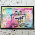 PaperArtsy Hot Pick 2606 Cling Stamps hp2606 tie dye background bird green leaves yellow and black border card