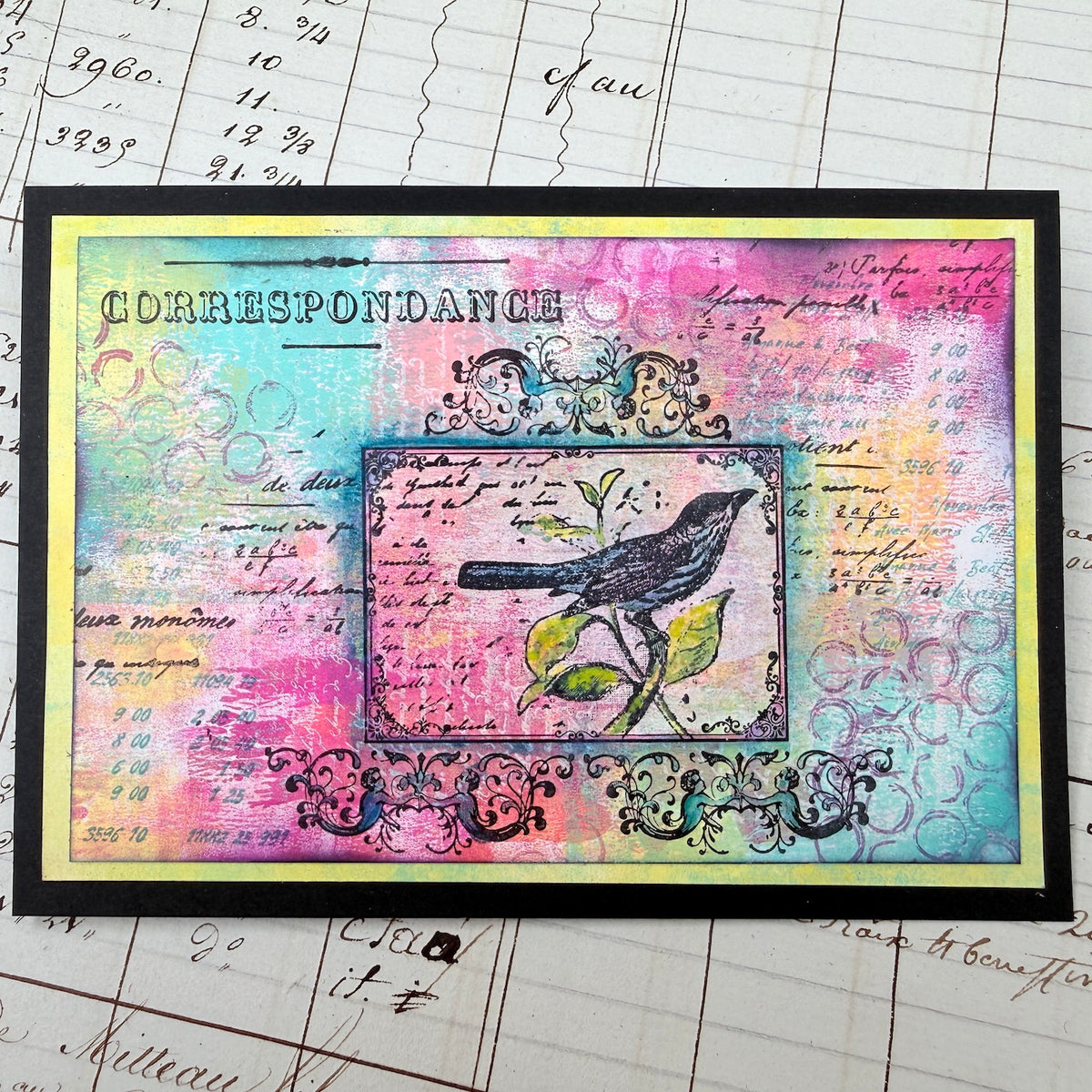 PaperArtsy Hot Pick 2606 Cling Stamps hp2606 tie dye background bird green leaves yellow and black border card