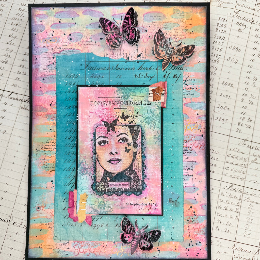 PaperArtsy Hot Pick Stencil ps544 pink butterfly moths dream seeker card