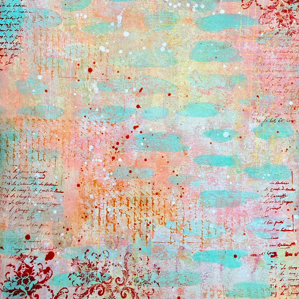 PaperArtsy Hot Pick Stencil ps544 red splatters white splatters blue strokes card