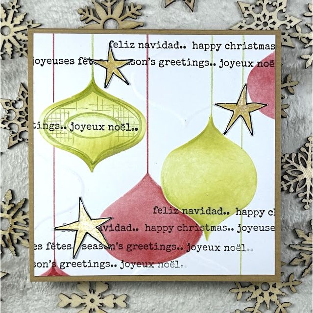 PaperArtsy JoFY Stencil ps526 happy christmas colorful ornaments and stars card