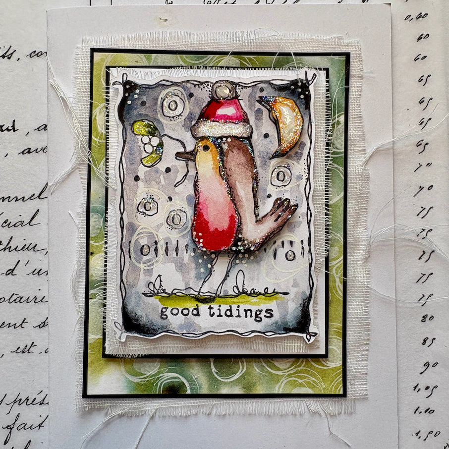 PaperArtsy Kate Crane Cling Stamps kc024 bird with santa hat moon good tidings card