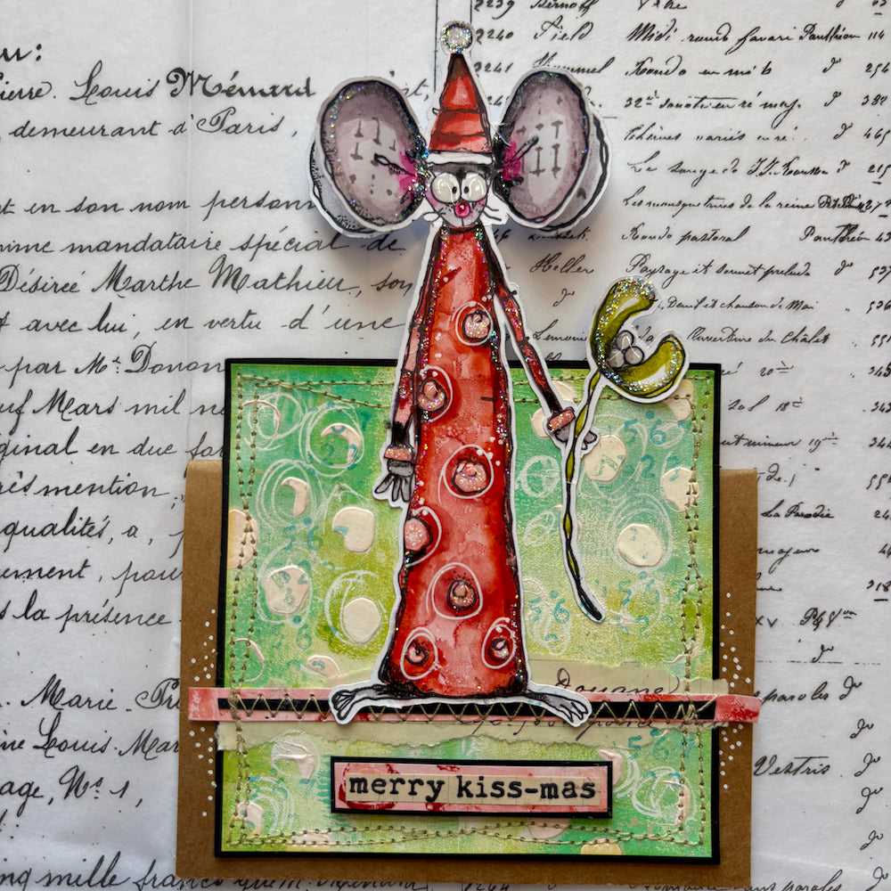 PaperArtsy Kate Crane Cling Stamps kc025 mouse in red dress santa hat flower merry christmas card