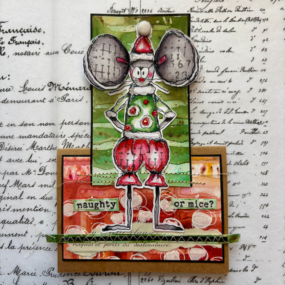 PaperArtsy Kate Crane Cling Stamps kc025 mouse with green sweater nauty or mice card